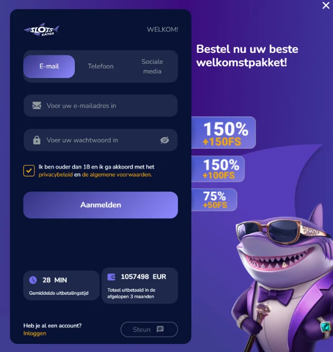 Slots Eater Casino Registratie en Bonus Slots Eater Casino registratieformulier met welkomstbonus en aanmeldscherm